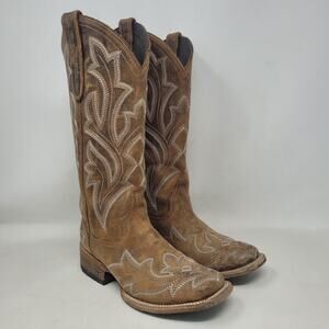Lane Boots 6.5B Brown Leather Saratoga Fancy Stitch Western Cowgirl Square Toe